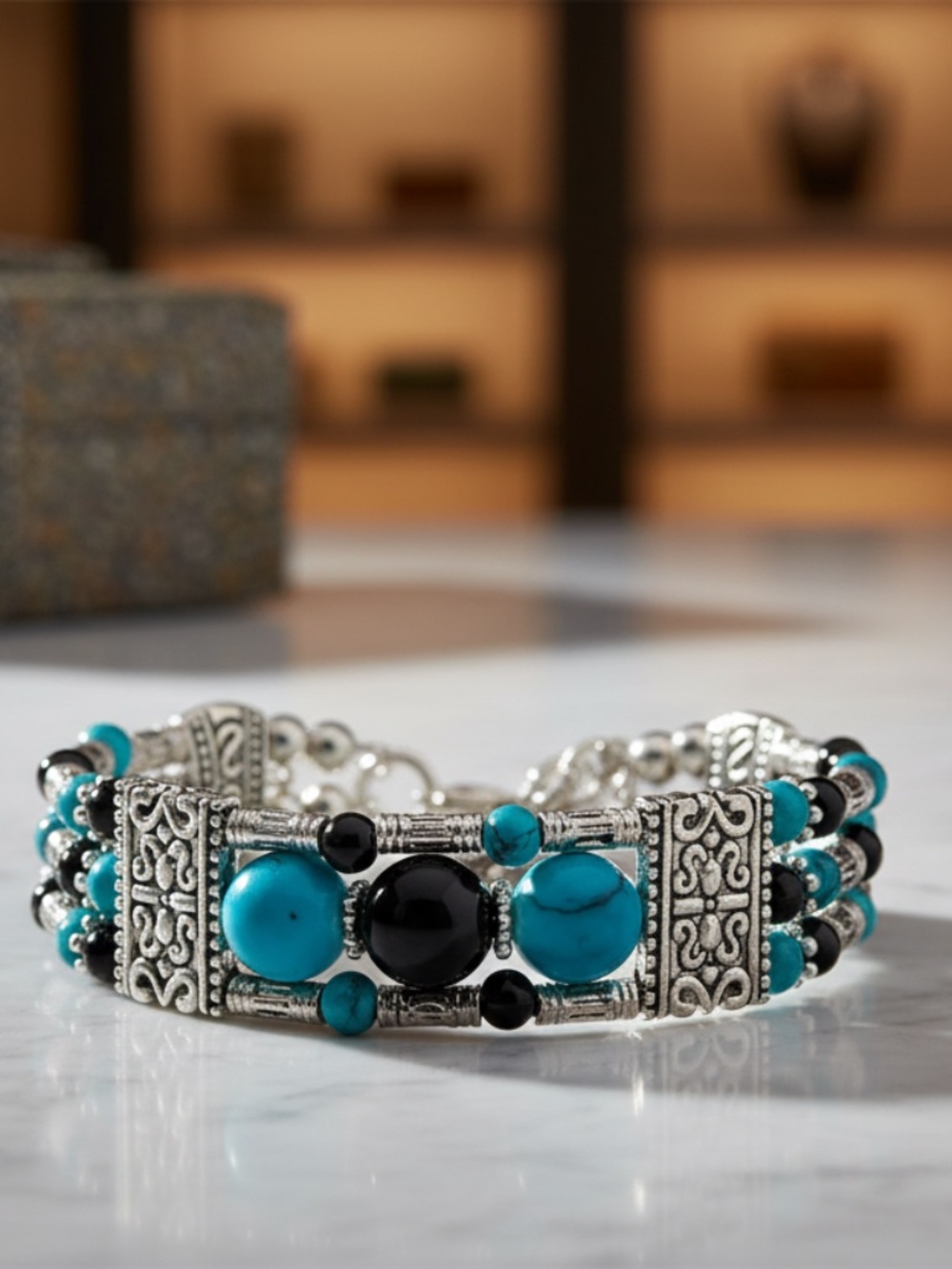 Womens Antique Silver‎ Plated Steel 3 Strand Bracelet With Turquoise Black Beads